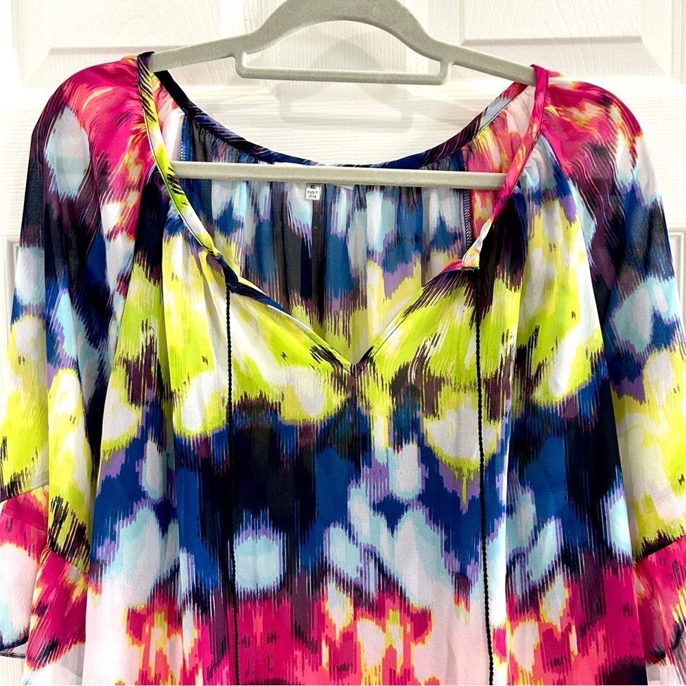 Milly Sheer Colorful Tie Dye Watercolor Blouse Sz XL Peasant Boho Flounce Ties - Picture 4 of 10